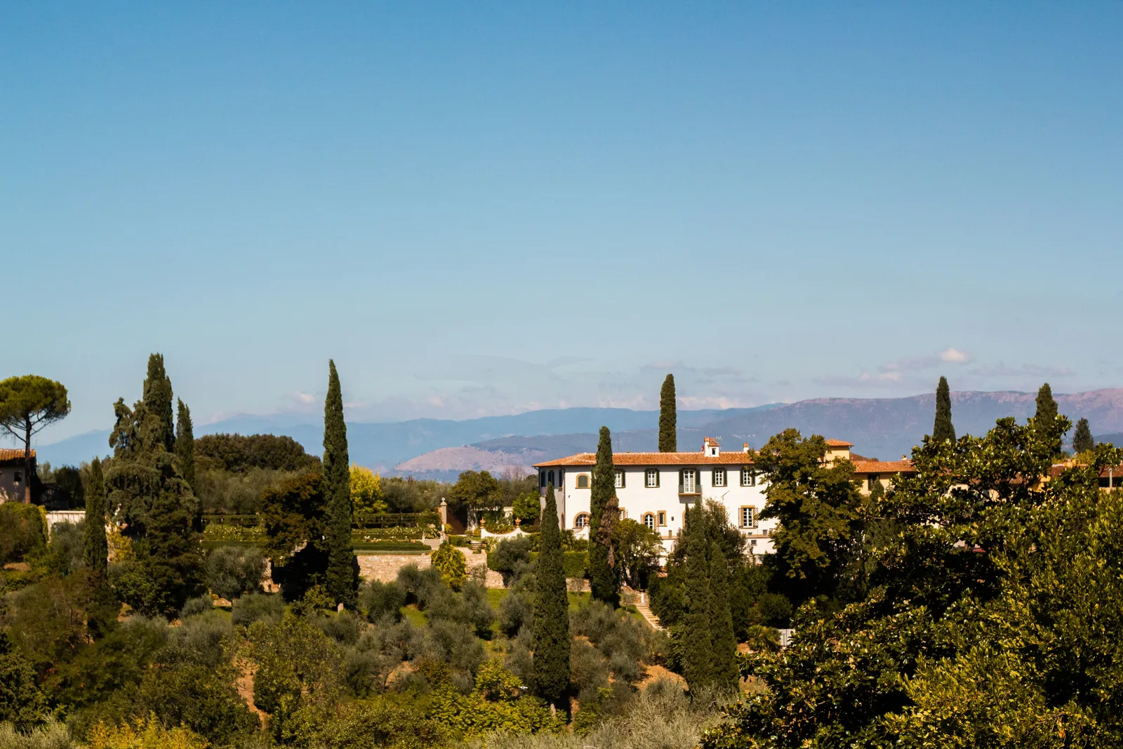 A villa among cypress trees in the Italian countryside